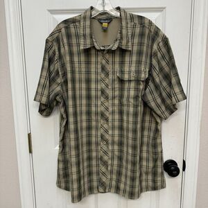 Eddie Bauer Men Button Up Shirt Green Plaid Travex Hiking Travel Collar XL